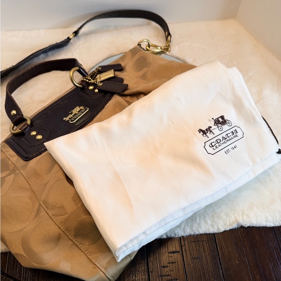 Coach Ashley Tan and Brown Signature C Satchel With Brown Patent Leather - Picture 10 of 12